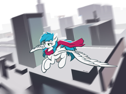 Size: 1600x1200 | Tagged: safe, artist:zylgchs, oc, oc only, oc:cynosura, pegasus, pony, blurry background, city, cityscape, clothes, flying, scarf, solo