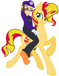 Size: 1163x1490 | Tagged: safe, artist:catsoulrialia, artist:user15432, sunset shimmer, human, pony, unicorn, equestria girls, g4, barely eqg related, barely pony related, base used, cap, clothes, crossover, duo, equestria girls style, equestria girls-ified, gloves, hat, human and pony, humans riding ponies, male, overalls, riding, riding a pony, shirt, shoes, simple background, smiling, super mario bros., undershirt, waluigi, waluigi's hat, waluset, white background