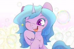 Size: 3000x2000 | Tagged: safe, artist:zokkili, izzy moonbow, pony, unicorn, g5, bubble, bust, colored eyelashes, ethereal mane, eyes closed, female, flower, high res, horn, mare, one eye closed, open mouth, open smile, smiling, solo, sparkles, starry eyes, starry mane, wingding eyes, wink