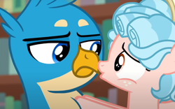 Size: 1010x630 | Tagged: safe, screencap, cozy glow, gallus, griffon, pegasus, pony, g4, what lies beneath, cropped, duo, female, filly, foal, gallus is not amused, unamused