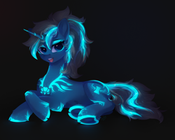 Size: 5000x4000 | Tagged: safe, artist:anku, oc, oc only, oc:maple parapet, pony, unicorn, absurd resolution, black background, blue eyes, chest fluff, commission, eyebrows, eyelashes, female, fluorescent, freckles, glowing, glowing horn, horn, luminescent, lying down, mare, neon, open mouth, pony oc, simple background, solo, tail, two toned mane, two toned tail, unicorn oc, ych result