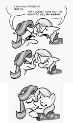 Size: 783x1310 | Tagged: safe, artist:koi, starlight glimmer, trixie, pony, unicorn, g4, road to friendship, angry, argument, comic, dialogue, duo, eyes closed, female, grayscale, kiss on the lips, kissing, lesbian, mare, monochrome, ship:startrix, shipping