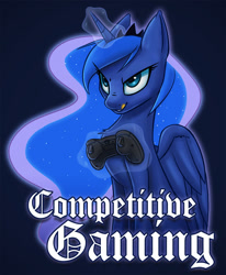 Size: 897x1090 | Tagged: safe, artist:ikarooz, princess luna, alicorn, pony, gamer luna, g4, controller, design, female, magic, mare, shirt design, telekinesis, text, tongue out