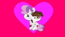 Size: 3264x1836 | Tagged: safe, artist:the double u, pipsqueak, sweetie belle, earth pony, pony, unicorn, fanfic:the knights of the night, g4, crush, cute, diasweetes, fanfic art, female, hug, looking at each other, looking at someone, love, male, ship:sweetiesqueak, shipping, squeakabetes, straight