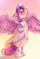 Size: 960x1408 | Tagged: safe, artist:margony, princess cadance, alicorn, anthro, plantigrade anthro, g4, breasts, busty princess cadance, clothes, commission, dress, feet, female, floppy ears, gloves, gradient background, hat, high heels, jewelry, large wings, mare, milf, necklace, open-toed shoes, pearl necklace, purse, shoes, solo, spread wings, toes, wings
