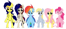 Size: 1673x736 | Tagged: safe, artist:jrpsartdesk, derpy hooves, fluttershy, pinkie pie, oc, oc:beatbreaker, oc:mixi creamstar, earth pony, pegasus, pony, g4, animated, bipedal, dancing, female, flossing (dance), male, mare, simple background, stallion, transparent background