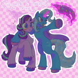 Size: 640x640 | Tagged: safe, artist:whattabop1, starlight glimmer, trixie, pony, unicorn, g4, cape, clothes, dialogue, diatrixes, eyelashes, female, glimmerbetes, glowing, glowing horn, hat, horn, magic, ship:startrix, tail, telekinesis, trixie's cape, trixie's hat, underhoof, unshorn fetlocks