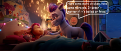 Size: 2048x858 | Tagged: safe, edit, edited screencap, screencap, argyle starshine, sunny starscout, earth pony, pony, g5, my little pony: a new generation, spoiler:g5, spoiler:my little pony: a new generation, bed, bedroom, blanket, book, dialogue, eat it, eyes closed, father and child, father and daughter, female, filly, filly sunny starscout, foal, glasses, jewelry, male, michael mckean, necklace, pillow, smiling, song reference, speech bubble, stallion, toy, voice actor joke, weird al yankovic, window, younger