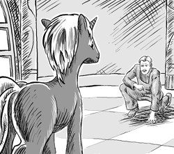 Size: 1955x1730 | Tagged: safe, artist:chatoyance, human, pony, unicorn, fanfic:the conversion bureau, fanfic art, grayscale, hatching (technique), kneeling, looking at each other, looking at someone, monochrome