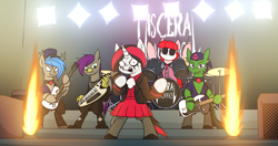 Size: 3880x2044 | Tagged: safe, artist:moonatik, oc, oc only, earth pony, griffon, unicorn, semi-anthro, arm hooves, ascot, band, bass guitar, clothes, coat, collar, commission, drum kit, drums, earth pony oc, electric guitar, fangs, female, fire, guitar, high res, horn, jacket, keytar, male, mare, mask, microphone, musical instrument, playing instrument, rock (music), rock band, singing, skirt, speaker, stage, stage light, stallion, unicorn oc