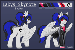 Size: 3000x2000 | Tagged: safe, artist:miramore, oc, oc:labys, pegasus, pony, 2022, business suit, butt, clothes, commission, cutie mark, eyeshadow, female, gloves, high res, latex, latex gloves, latex suit, makeup, mare, pegasus oc, plot, ponytail, red eyes, reference sheet, rubber suit, shiny, signature, simple background, skirt, solo, spread wings, suit, white fur, wings