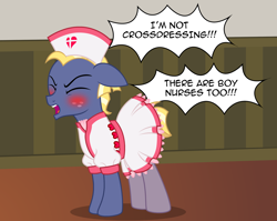 Size: 2632x2093 | Tagged: safe, artist:badumsquish, derpibooru exclusive, star tracker, earth pony, pony, g4, angry, blushing, clothes, cosplay, costume, cross, crossdressing, crossplay, cute, dialogue, dress, ears back, embarrassed, eyes closed, freckles, frilly dress, frown, hat, heart, high res, in denial, male, nurse, nurse hat, nurse outfit, show accurate, skirt, socks, solo, stallion, starcrossed, trackerbetes, yelling