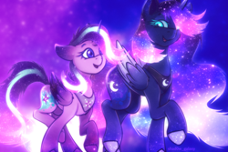 Size: 3000x2000 | Tagged: safe, artist:shad0w-galaxy, princess luna, starlight glimmer, alicorn, pony, g4, alicornified, alternate design, duo, ethereal mane, female, folded wings, high res, horn, jewelry, mare, race swap, regalia, shiny, simple background, slender, smiling, sparkly eyes, starlicorn, stars, thin, walking, wingding eyes, wings, xk-class end-of-the-world scenario