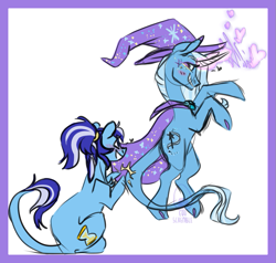 Size: 773x735 | Tagged: safe, artist:eqq_scremble, derpibooru exclusive, minuette, trixie, classical unicorn, pony, unicorn, g4, cape, clapping, clothes, cloven hooves, crack shipping, duo, female, hat, horn, leonine tail, lesbian, magic, makeup, minixie, ponytail, shipping, simple background, tail, trixie's cape, trixie's hat, unshorn fetlocks, white background