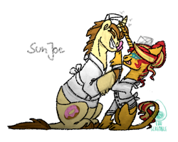 Size: 500x400 | Tagged: safe, artist:eqq_scremble, derpibooru exclusive, donut joe, sunset shimmer, pony, unicorn, g4, chef's hat, cloven hooves, crack shipping, donutshimmer, duo, female, hat, laughing, leonine tail, male, mare, shipping, simple background, sketch, stallion, straight, tail, tongue out, white background