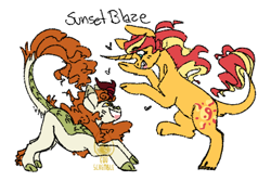 Size: 600x400 | Tagged: safe, artist:eqq_scremble, derpibooru exclusive, autumn blaze, sunset shimmer, kirin, pony, unicorn, g4, autumnshimmer, cloven hooves, crack shipping, crouching, duo, female, laughing, leonine tail, lesbian, playing, rearing, shipping, simple background, tail, white background