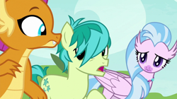 Size: 1280x719 | Tagged: safe, screencap, sandbar, silverstream, smolder, classical hippogriff, dragon, earth pony, hippogriff, pony, g4, my little pony: friendship is magic, non-compete clause, dragoness, female, hair over one eye, male, trio