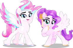 Size: 4000x2628 | Tagged: safe, artist:orin331, pipp petals, zipp storm, crystal pony, pegasus, pony, g4, g5, accessories, colored wings, crystallized, duo, duo female, ear piercing, earring, eyebrows, feathered fetlocks, female, g5 to g4, generation leap, grin, high res, jewelry, looking at you, mare, movie accurate, multicolored wings, open mouth, open smile, piercing, raised hoof, royal sisters (g5), shadow, siblings, signature, simple background, sisters, smiling, smiling at you, spread wings, transparent background, wings