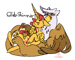 Size: 500x400 | Tagged: safe, artist:eqq_scremble, derpibooru exclusive, gilda, sunset shimmer, griffon, pony, unicorn, chin scratch, cloven hooves, crack shipping, cuddling, duo, eyes closed, female, gildimmer, hug, leonine tail, lesbian, lying down, on back, shipping, simple background, tail, white background