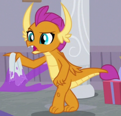 Size: 770x738 | Tagged: safe, screencap, smolder, dragon, g4, the hearth's warming club, cropped, dragoness, female, pointing, present, raised eyebrow, solo
