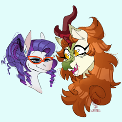 Size: 1000x1000 | Tagged: safe, artist:eqq_scremble, derpibooru exclusive, autumn blaze, rarity, kirin, pony, unicorn, g4, autumnity, blue background, bust, crack shipping, duo, ear piercing, earring, female, glasses rarity, hair bun, jewelry, lesbian, missing horn, piercing, portrait, shipping, simple background, smiling
