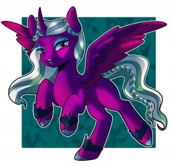Size: 1935x1854 | Tagged: safe, artist:erieillustrates, opaline arcana, alicorn, pony, g5, my little pony: a new generation, spoiler:g5, spoiler:my little pony: make your mark, eyebrows, eyeshadow, female, jewelry, looking at you, makeup, mare, open mouth, open smile, regalia, signature, smiling, smiling at you, solo, spread wings, wings