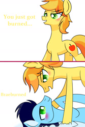 Size: 1600x2400 | Tagged: safe, artist:aryannahoshi, braeburn, soarin', earth pony, pegasus, pony, g4, 2 panel comic, blushing, comic, duo, gay, looking at each other, looking at someone, lying down, male, on back, open mouth, ship:soarburn, shipping, simple background, stallion, white background