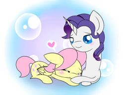 Size: 1020x784 | Tagged: safe, artist:aryannahoshi, fluttershy, rarity, pegasus, pony, unicorn, g4, alternate hairstyle, blushing, bubble, butterscotch, duo, elusive, eyes closed, gay, heart, lying down, male, prone, rule 63, ship:buttersive, ship:flarity, shipping, stallion