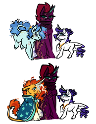 Size: 700x900 | Tagged: safe, artist:eqq_scremble, derpibooru exclusive, party favor, rarity, sunburst, tempest shadow, pony, unicorn, g4, bisexual, cloak, clothes, cloven hooves, crack shipping, eye scar, female, glasses, horn, jewelry, leonine tail, lesbian, male, mare, necklace, no tail, partempity, polyamory, rariburst, rarifavor, scar, scarf, shipping, simple background, sitting, smiling, stallion, straight, sunburst's cloak, suntempity, tail, tempest gets her horn back, tempestburst, tempestfavor, tempity, white background