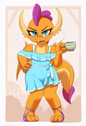 Size: 2289x3362 | Tagged: safe, artist:pabbley, smolder, dragon, g4, bare shoulders, blushing, clothes, cup, cute, dragoness, dress, female, hand on hip, high res, looking at you, sandals, smolder also dresses in style, smolderbetes, smoldere, solo, sweat, teacup, tsundere, wide hips