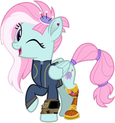 Size: 3000x3200 | Tagged: dead source, safe, artist:php170, kerfuffle, pegasus, pony, fallout equestria, g4, my little pony: rainbow roadtrip, amputee, clothes, cute, ear piercing, fallout, female, fufflebetes, high res, jewelry, jumpsuit, mare, one eye closed, piercing, pincushion, pipboy, prosthetic leg, prosthetic limb, prosthetics, raised hoof, scar, scrunchie, show accurate, simple background, solo, tail, tail wrap, transparent background, vault suit, vector, vest, wink