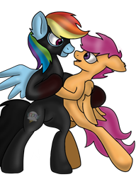 Size: 692x900 | Tagged: safe, artist:taeko, derpibooru exclusive, rainbow dash, scootaloo, pegasus, pony, fanfic:pegasus device, fanfic:rainbow factory, absentia, base used, black suit, blood, blood on hoof, catsuit, dancing, duo, dyed tail, ear fluff, fanfic art, female, folded wings, holding each other, lesbian, looking at each other, looking at someone, mare, open mouth, rainbow factory dash, rainbow factory logo, scootadash, shading practice, shipping, simple background, smiling, smiling at each other, spread wings, standing on two hooves, tail, transparent background, wings