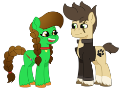 Size: 1479x1091 | Tagged: safe, artist:dyonys, oc, oc only, oc:lucky brush, oc:night chaser, earth pony, pony, g5, my little pony: tell your tale, braid, choker, clothes, earth pony oc, freckles, jacket, open mouth, scar, simple background, transparent background, unshorn fetlocks