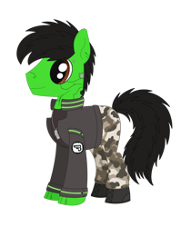Size: 1476x1758 | Tagged: safe, artist:dyonys, oc, oc only, oc:wrench, cyborg, earth pony, pony, augmented, clothes, dog tags, earth pony oc, jacket, male, male oc, pants, simple background, solo, stallion, stallion oc, transparent background