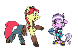 Size: 1400x900 | Tagged: safe, artist:fuckomcfuck, derpibooru exclusive, apple bloom, diamond tiara, earth pony, pony, g4, bandage, belt, boots, cat ears, clothes, cosplay, costume, crossover, denim, duo, erisa (fortnite), female, fortnite, gloves, goggles, jeans, jules (fortnite), lesbian, mare, nose piercing, nose ring, older, older apple bloom, older diamond tiara, overalls, pants, piercing, raised hoof, ship:diamondbloom, shipping, shoes, simple background, sitting, tank top, transparent background, wrench