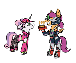 Size: 600x500 | Tagged: safe, artist:fuckomcfuck, derpibooru exclusive, scootaloo, sweetie belle, pegasus, pony, unicorn, g4, baseball cap, bipedal, boots, cap, clothes, cosplay, costume, crossover, duo, dynamo (fortnite), eyes closed, female, fortnite, gloves, grin, hat, hoodie, leotard, mare, mask, older, older scootaloo, older sweetie belle, shoes, simple background, skirt, smiling, socks, stockings, striped socks, thigh highs, transparent background, unshorn fetlocks, wrestler, zoey (fortnite)
