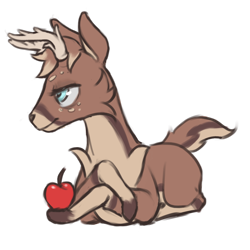 Size: 1200x1200 | Tagged: safe, artist:multiverseequine, derpibooru exclusive, oc, oc only, oc:eucalyptus, deer, pony, antlers, apple, blue eyes, chest fluff, daybreak island, food, full body, lying down, male, simple background, solo, transparent background
