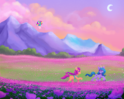 Size: 5998x4800 | Tagged: safe, artist:saphypone, ivory cedar, izzy moonbow, sunny starscout, earth pony, pony, unicorn, g5, my little pony: a new generation, balloon, beautiful, crescent moon, female, floating, flower field, journey, mare, moon, mountain, scenery, scenery porn