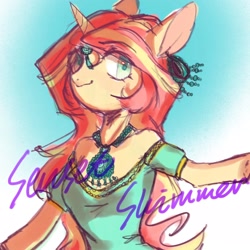 Size: 1600x1600 | Tagged: safe, artist:catcity__, sunset shimmer, unicorn, anthro, g4, arm hooves, clothes, colored sketch, dress, ear piercing, earring, female, jewelry, necklace, piercing, sketch, solo