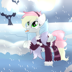 Size: 586x587 | Tagged: safe, artist:blazyplazy, oc, oc only, oc:blazey sketch, pegasus, pony, :p, clothes, earmuffs, small wings, smiling, snow, snowfall, socks, solo, striped socks, sweater, tongue out, wings, winter, winter outfit