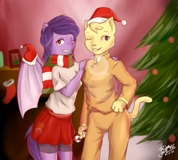 Size: 3030x2730 | Tagged: safe, artist:pwnagespartan, oc, oc only, bat pony, anthro, christmas, christmas tree, clothes, duo, duo female, female, furry, furry oc, hat, high res, holiday, santa hat, scarf, striped scarf, tree