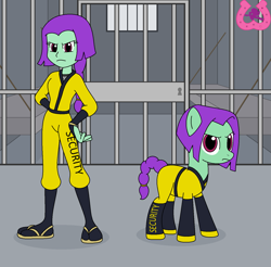 Size: 1497x1471 | Tagged: safe, artist:author92, oc, oc:shell break, earth pony, human, equestria girls, g4, brightly colored ninjas, clothes, jail cell, kunoichi, ninja, prison cell, sandals, security guard, self paradox, self ponidox