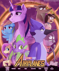 Size: 2054x2480 | Tagged: safe, artist:pwnagespartan, fluttershy, rainbow dash, spike, twilight sparkle, alicorn, bird, blue jay, dragon, mole (animal), pegasus, pony, raccoon, anthro, g4, aeroplanes and meteor showers, airplanes (song), avengers: infinity war, benson, crossover, crossover shipping, eileen, female, high res, male, mordecai, mordetwi, movie poster, parody, regular show, rigby (regular show), shipping, straight, winged spike, wings