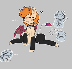 Size: 668x647 | Tagged: artist needed, safe, oc, oc:autumn lust, succubus, succubus pony, bat wings, blushing, clothes, collar, eyebrows, eyebrows visible through hair, flexible, horn, latex, latex stockings, spaded tail, splits, stockings, succubus oc, tail, thigh highs, wings