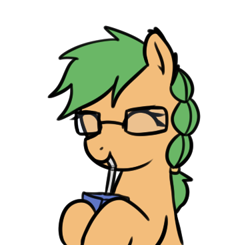 Size: 375x367 | Tagged: safe, artist:neuro, oc, oc only, oc:morning mimosa, earth pony, pony, bust, drinking, drinking straw, eyes closed, female, glasses, hoof hold, juice, juice box, mare, simple background, smiling, solo, transparent background