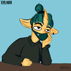 Size: 2000x2000 | Tagged: safe, artist:wata, oc, oc only, oc:wata, unicorn, anthro, face mask, floppy ears, hair bun, high res, mask, simple background, solo