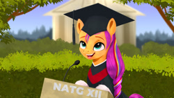 Size: 1920x1080 | Tagged: safe, artist:darksly, sunny starscout, earth pony, pony, g5, atg 2022, cute, female, graduation, graduation cap, hat, mane stripe sunny, mare, markings, newbie artist training grounds, open mouth, solo, sunnybetes
