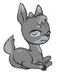 Size: 640x832 | Tagged: safe, artist:multiverseequine, derpibooru exclusive, oc, oc only, oc:ash gnot, deer, fawn, pony, :<, antlers, blue eyes, butt, cloven hooves, colored, colored ears, colored muzzle, daybreak island, deer oc, full body, gray coat, gray mane, looking at you, lying down, male, non-pony oc, plot, raised tail, simple background, solo, tail, transparent background, young