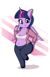 Size: 1753x2661 | Tagged: safe, artist:andelai, twilight sparkle, alicorn, anthro, unguligrade anthro, g4, abstract background, belly, belly button, breasts, busty twilight sparkle, chibi, chubby, chubby twilight, cleavage, clothes, female, hand on hip, high res, looking at you, open clothes, open shirt, pants, shirt, smiling, smiling at you, solo, twilight sparkle (alicorn)