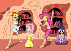 Size: 1400x1000 | Tagged: safe, artist:koopa-master, fluttershy, pinkie pie, rainbow dash, twilight sparkle, human, g4, 2013, barefoot, breasts, clothes, feet, female, golden oaks library, humanized, microphone, nightgown, old art, pajamas, sleepover, slumber party